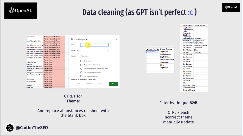 Data cleanup process in Google Sheets with filters applied to find and correct miscategorized content items.