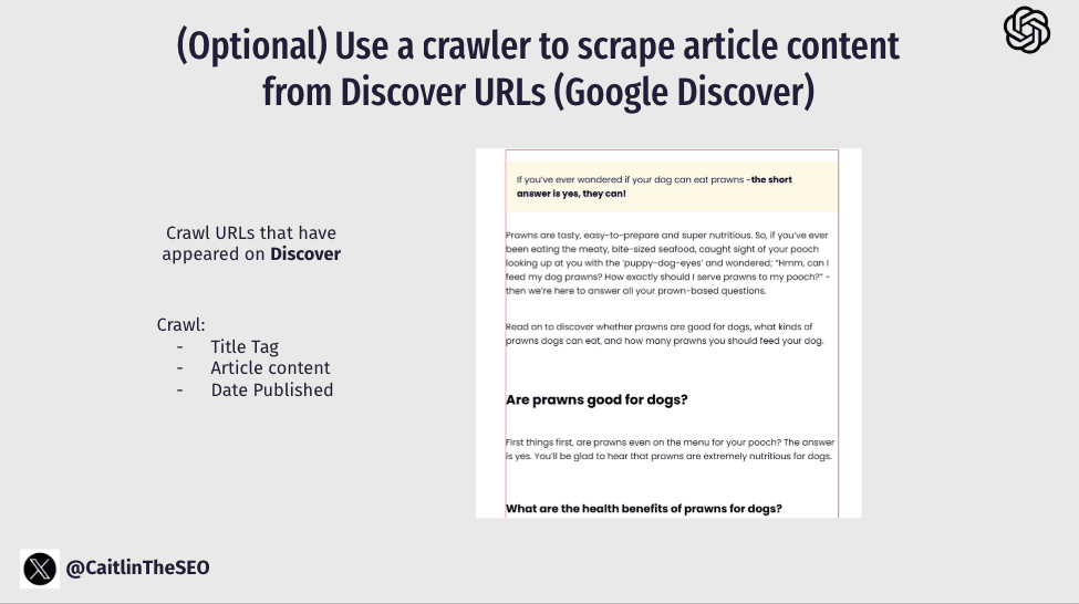 Crawler interface extracting content from Google Discover URLs with metadata and performance metrics.