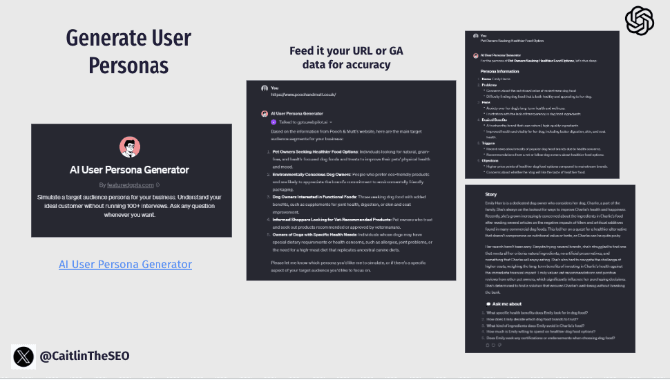 User Persona Generator interface in ChatGPT combining Google Discover insights with audience data.