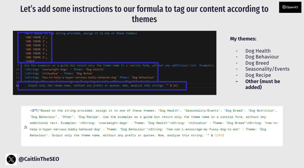 Google Sheets displaying the GPT formula implementation for theme categorization with example syntax.