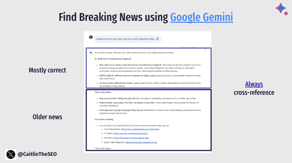 Google Gemini results for "What's the latest news about dog nutrition?" highlighting the XL Bully ban and recent dog nutrition topics.