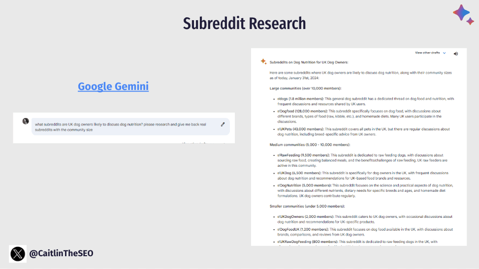Google Gemini search results showing UK dog owner subreddits categorized by size (large, medium, and small) with community descriptions and member counts.