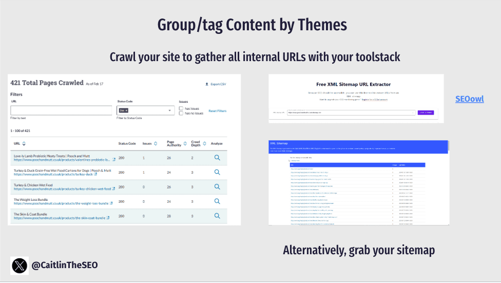 Moz Site Crawl interface showing filtered URL extraction results for blog and product pages.