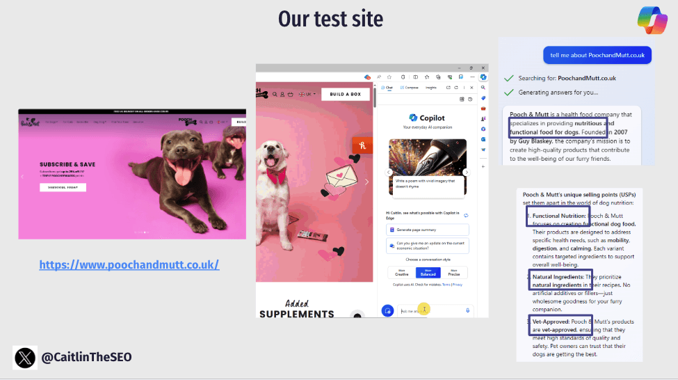 Screenshot of the Pooch & Mutt website homepage analyzed with Copilot