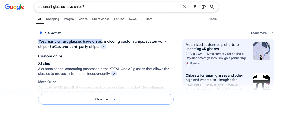 Google's AI Overview feature showing an AI-generated summary at the top of search results.