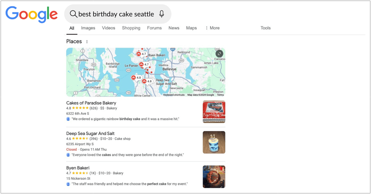 A screenshot of the search engine results page for the keyword "best birthday cake seattle."