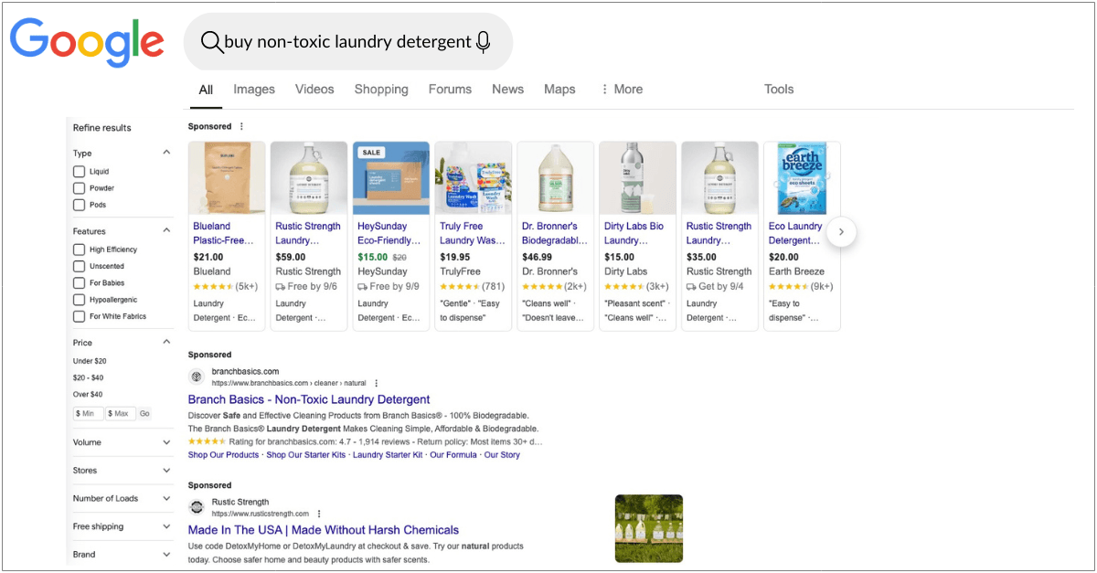 A screenshot of the search engine results page for the keyword "buy non-toxic laundry detergent."