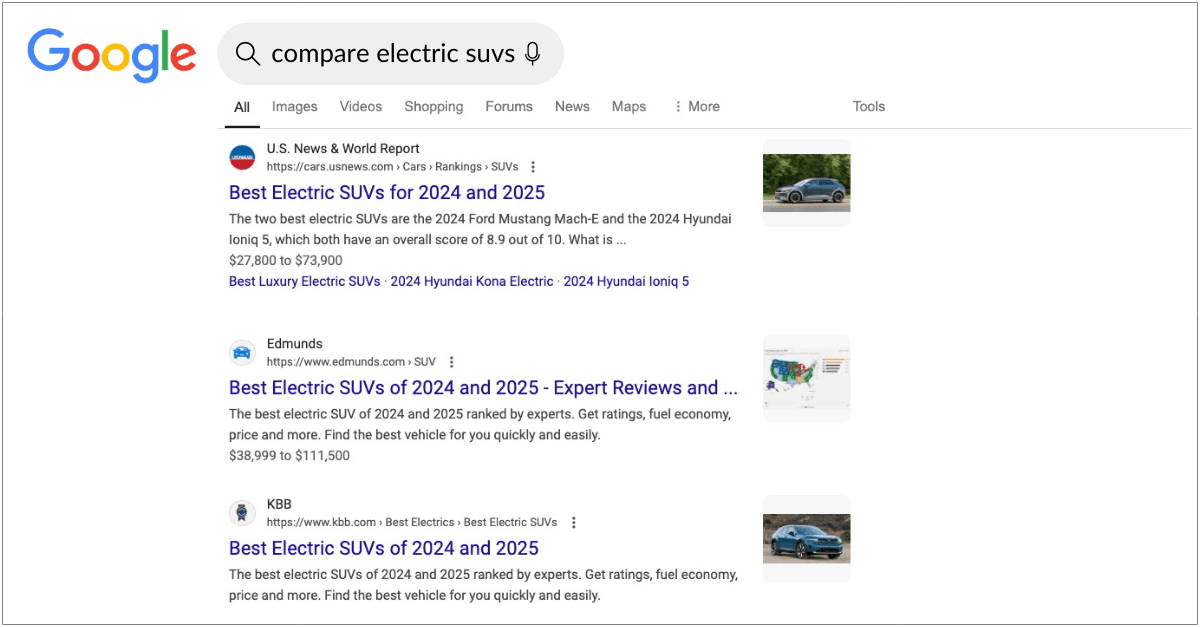 A screenshot of the search engine results page for the keyword "compare electric suvs."