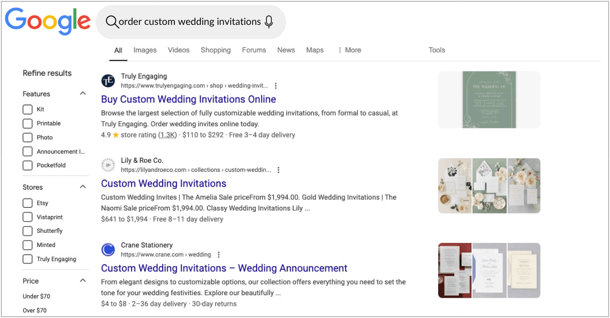 A screenshot of the search engine results page for the keyword "order custom wedding invitations."