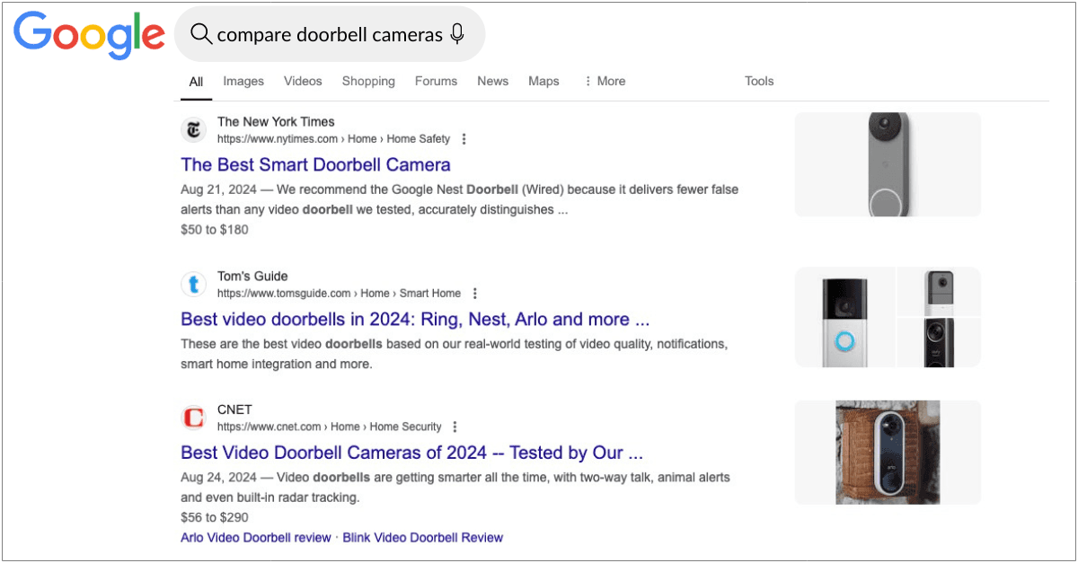 A screenshot of the search engine results page for the keyword "compare doorbell cameras."
