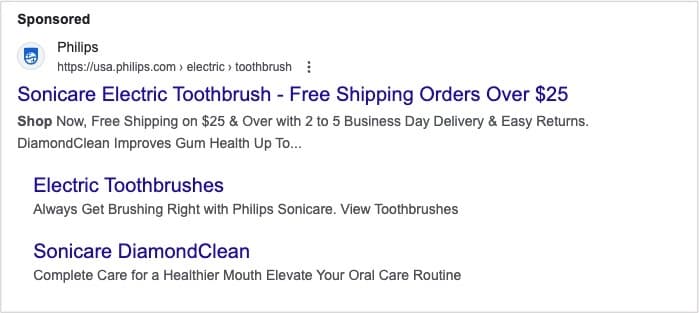 A screenshot of a Philips Sonicare Google Sponsored Ad on a search engine results page.