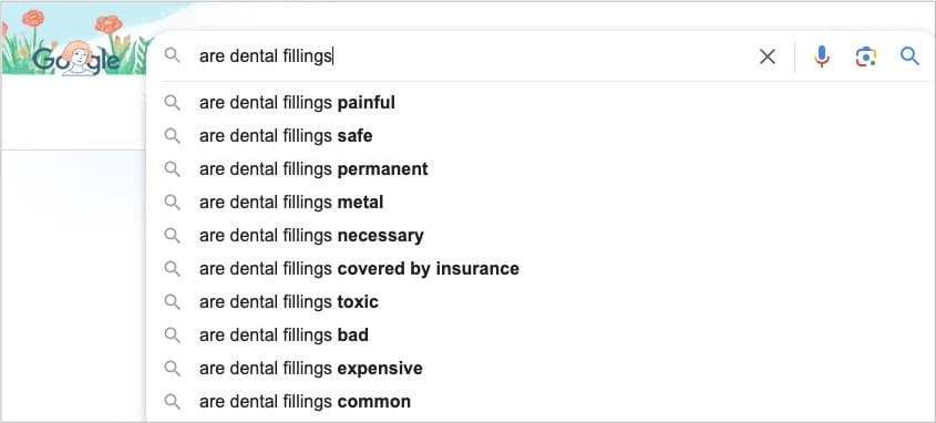 An image showing Google's autocomplete feature, displaying keywords beginning with "are dental keywords?"