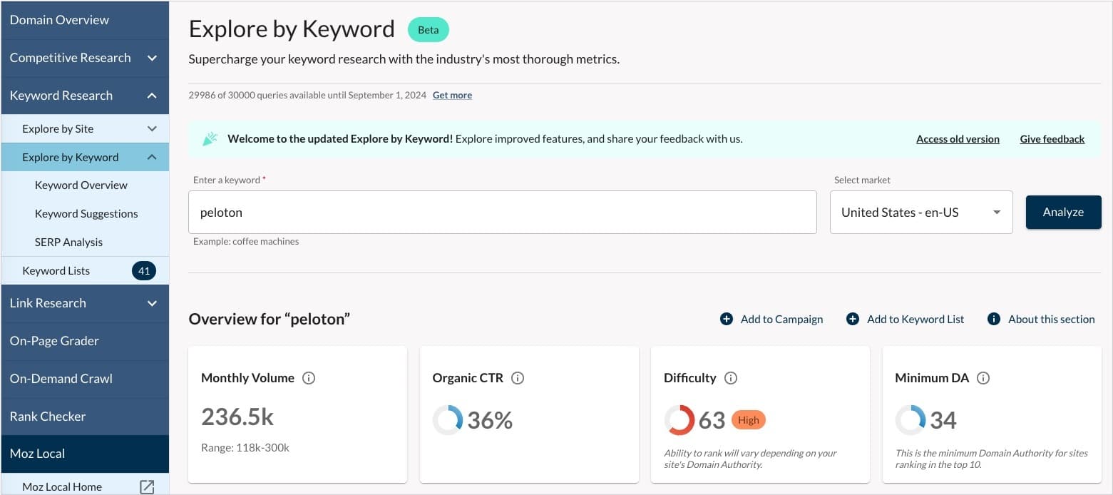 Moz tool Keyword Explorer data for the keyword "peloton."