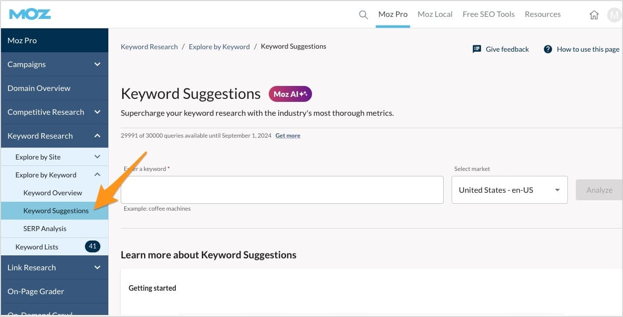 A screenshot of Keyword Suggestions, a feature of Keyword Explorer.