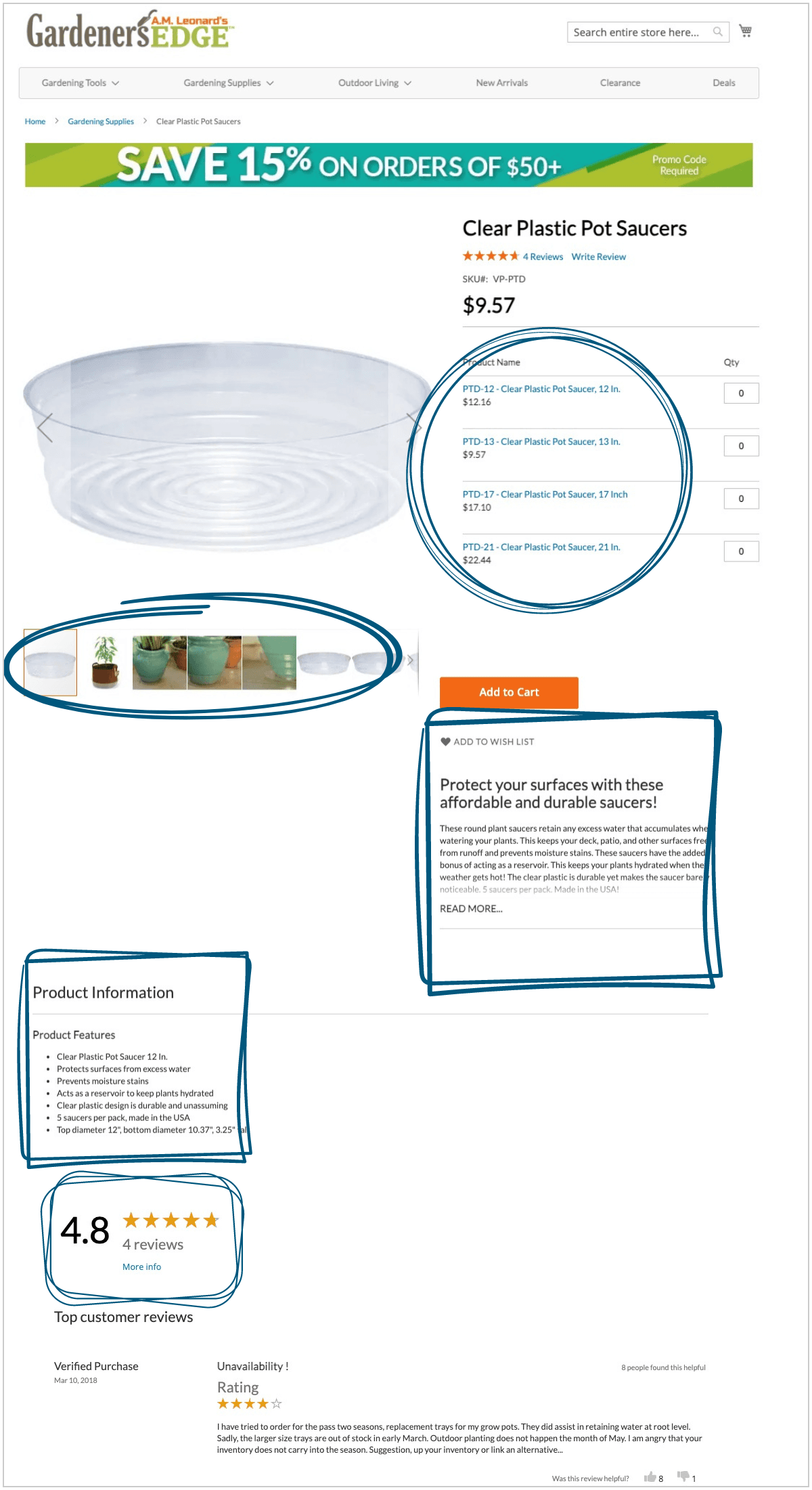 An image of an e-commerce landing page for plastic plant saucers.