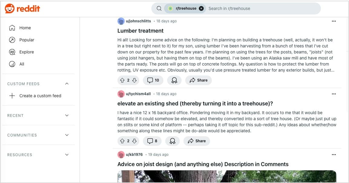 A screenshot of Reddit, displaying questions that users asked about how to build a treehouse.