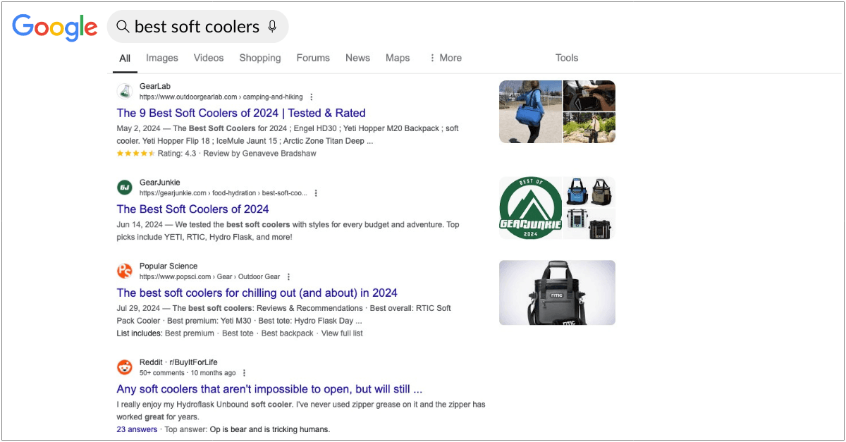 A screenshot of the search engine results page for the keyword "best soft coolers," which is mainly articles comparing the products.