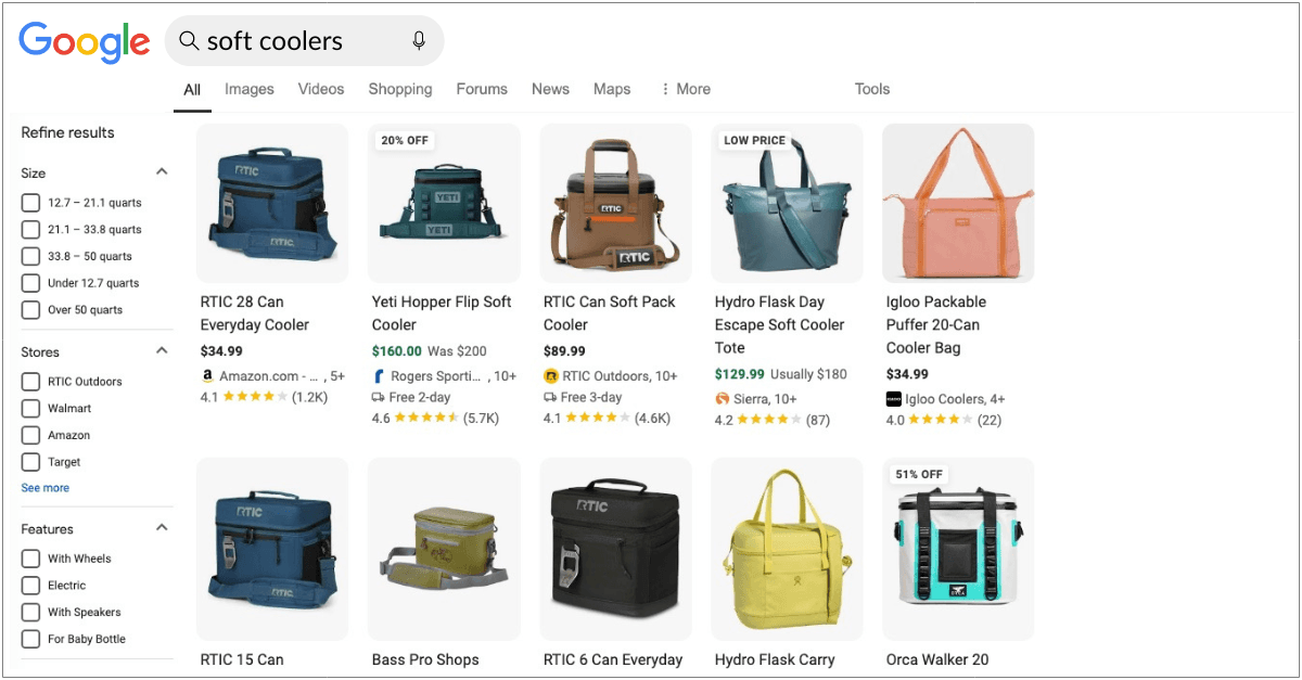 A screenshot of the search engine results page for the keyword "soft coolers," which is mainly shopping results.