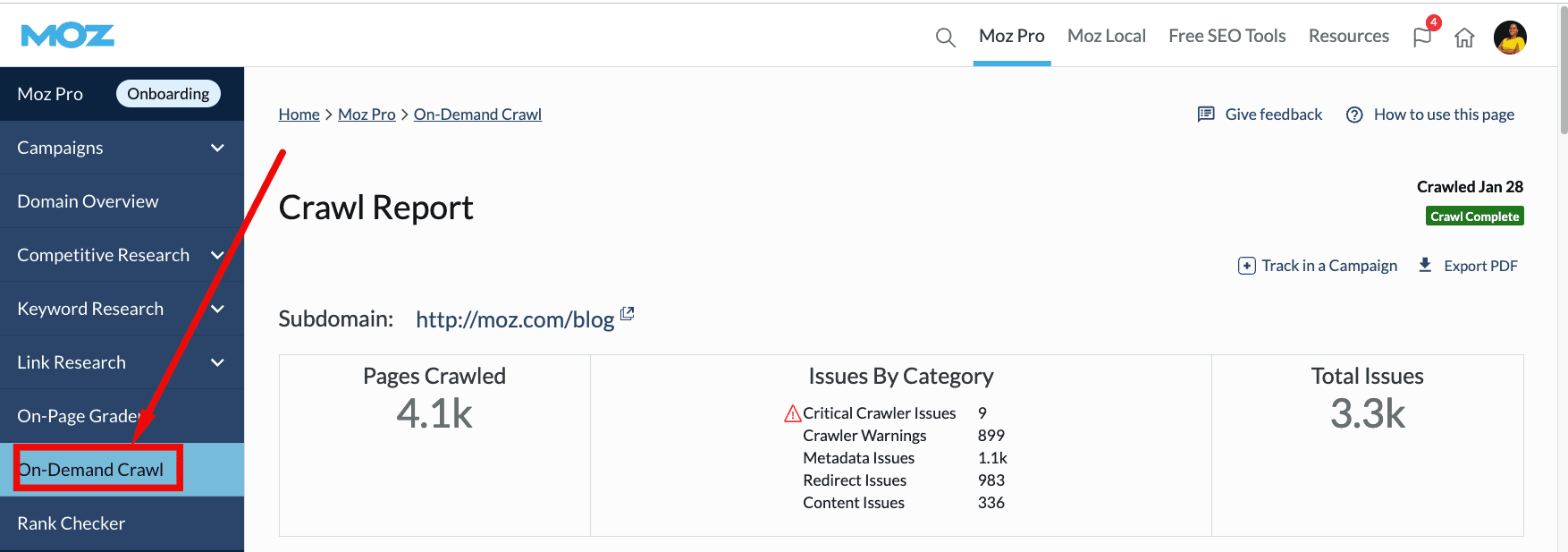 Moz Pro site crawl report