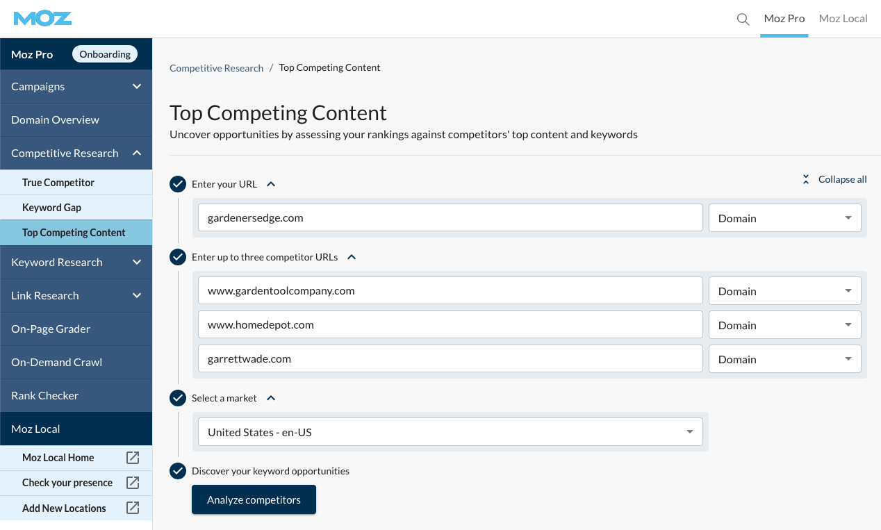 A screenshot of Top Competing Content, showing a website plus 3 competitors.