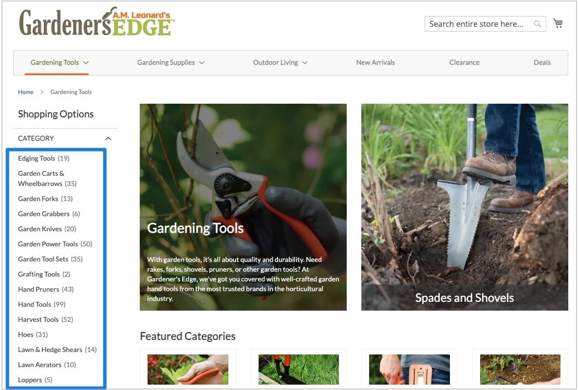 A screenshot of Gardener's Edge menu of product categories.
