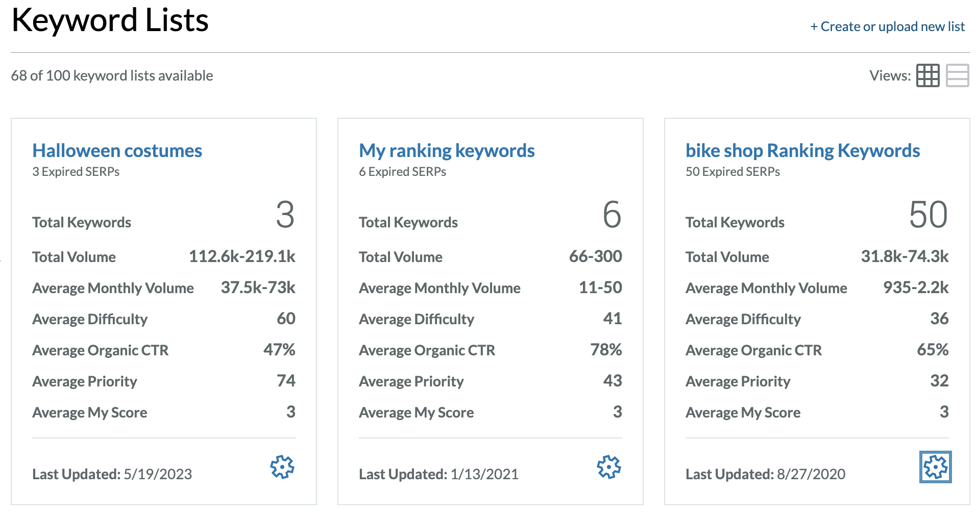 screenshot of keyword lists in moz pro keyword research section