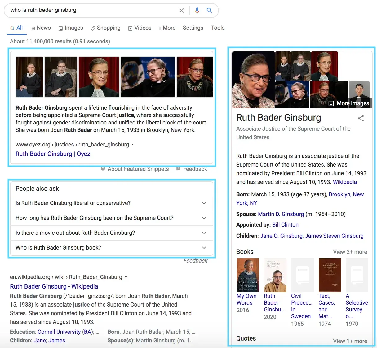 screenshot of knowledge graph for "how is ruth bader ginsburg"