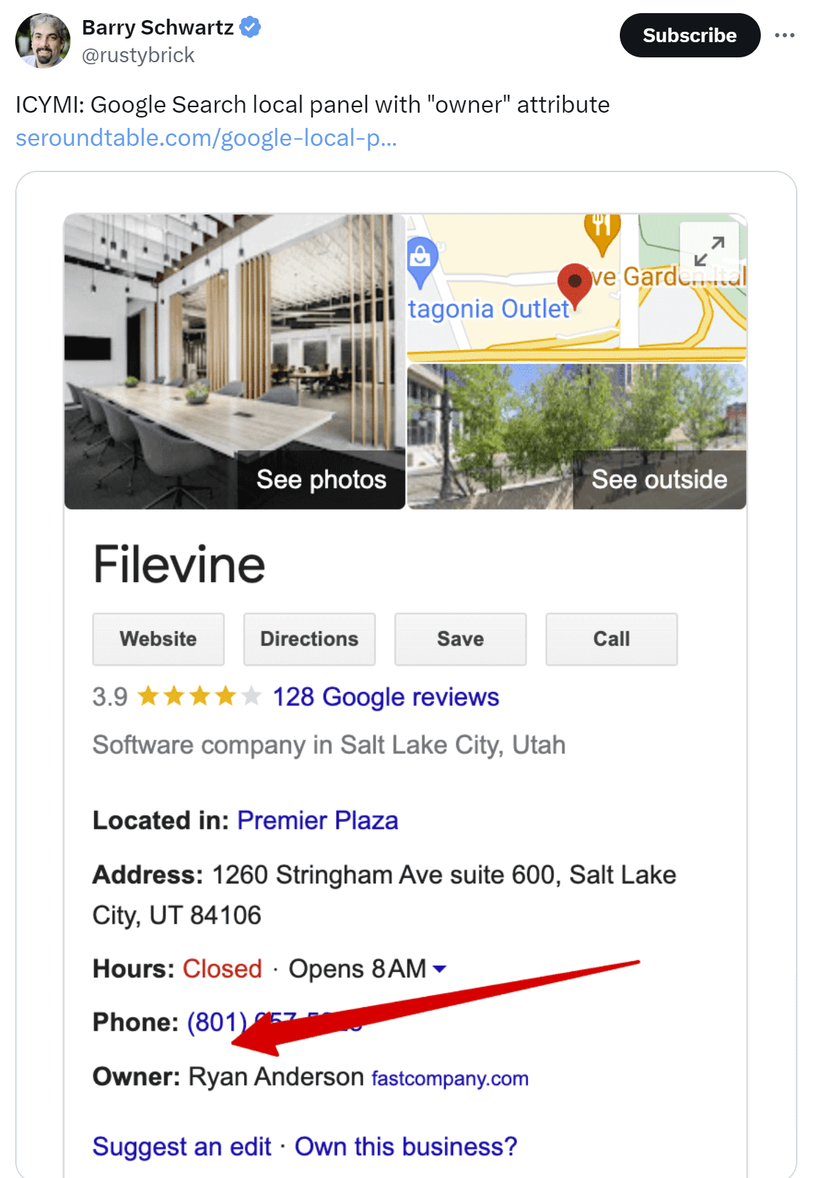 A Google Business Profile displays an attribute labeled "owner" followed by the name of the person who owns a business and the third party website address where this information came from.