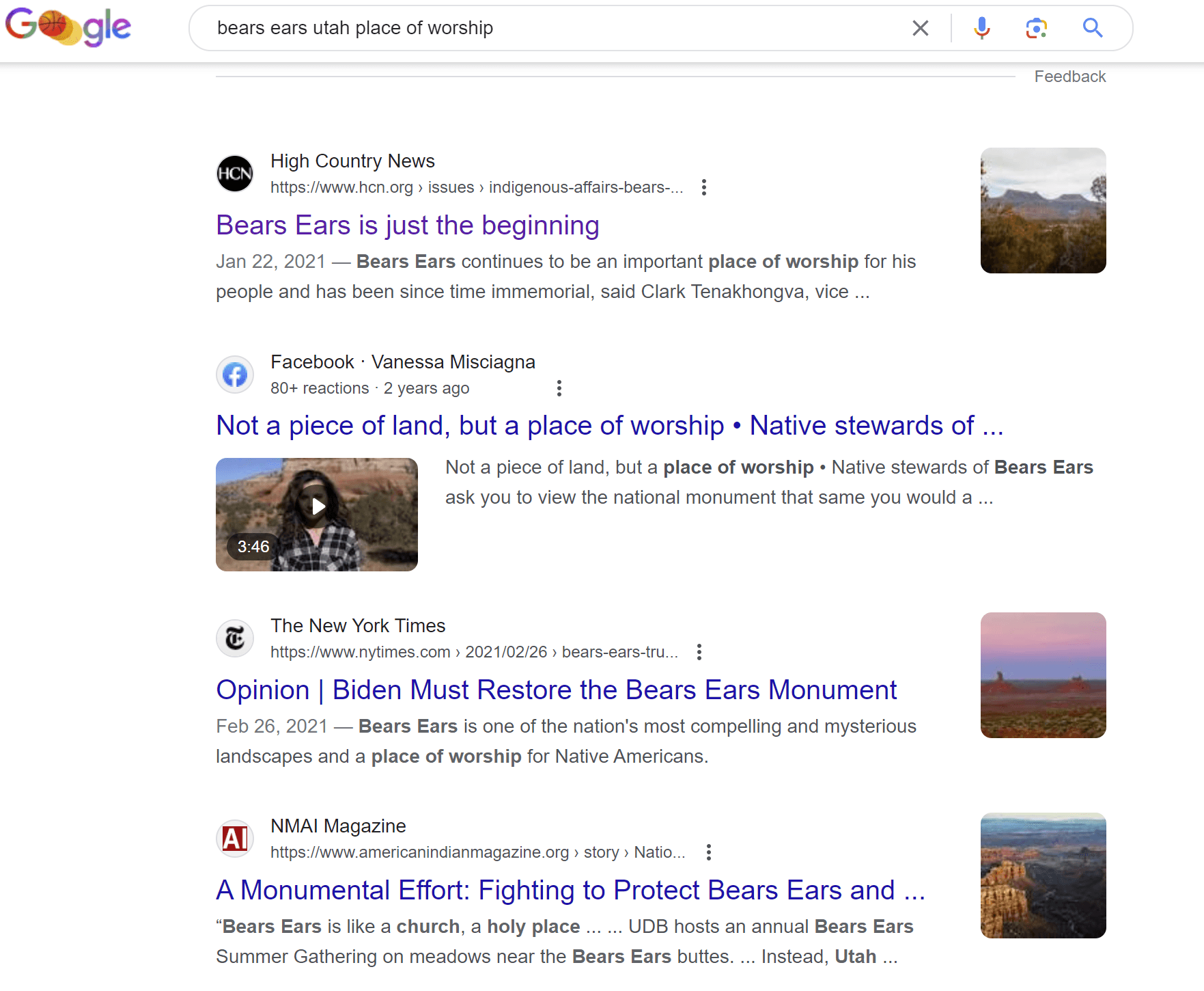 A Google search for the keyword 'bears ears utah place of worship' which populates articles and videos.