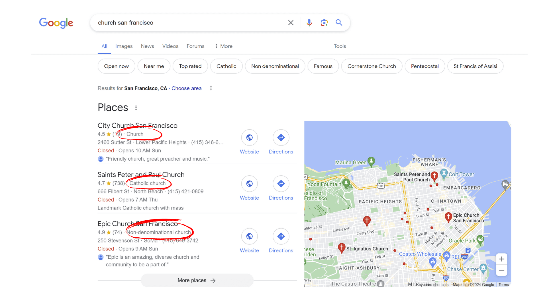 A Google search for the keyword 'church san francisco' which populates a 'Places' SERP feature, showing different primary categories for each place of worship.