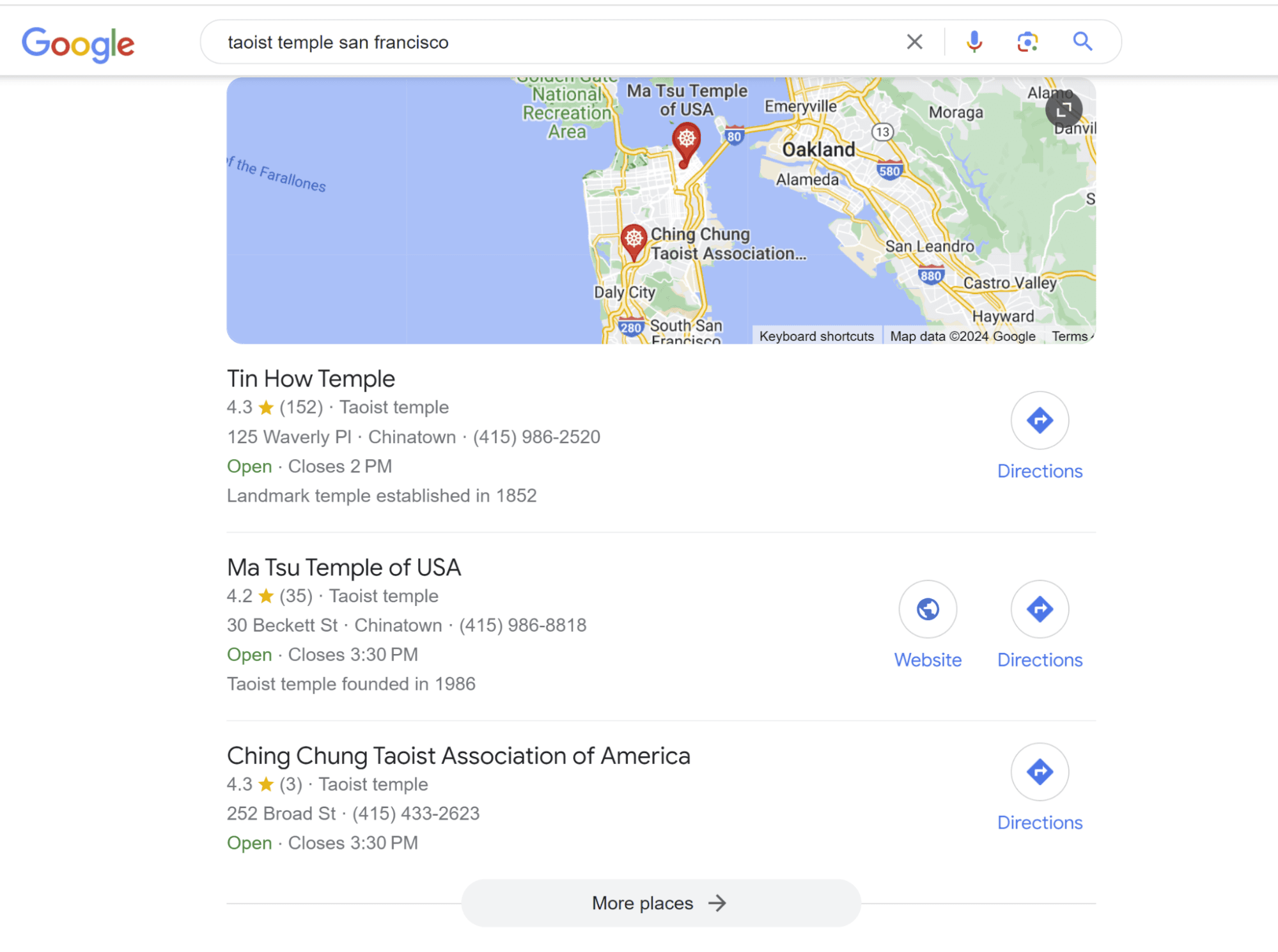 A Google search for the keyword 'taoist temple san francisco' which populates a local pack.