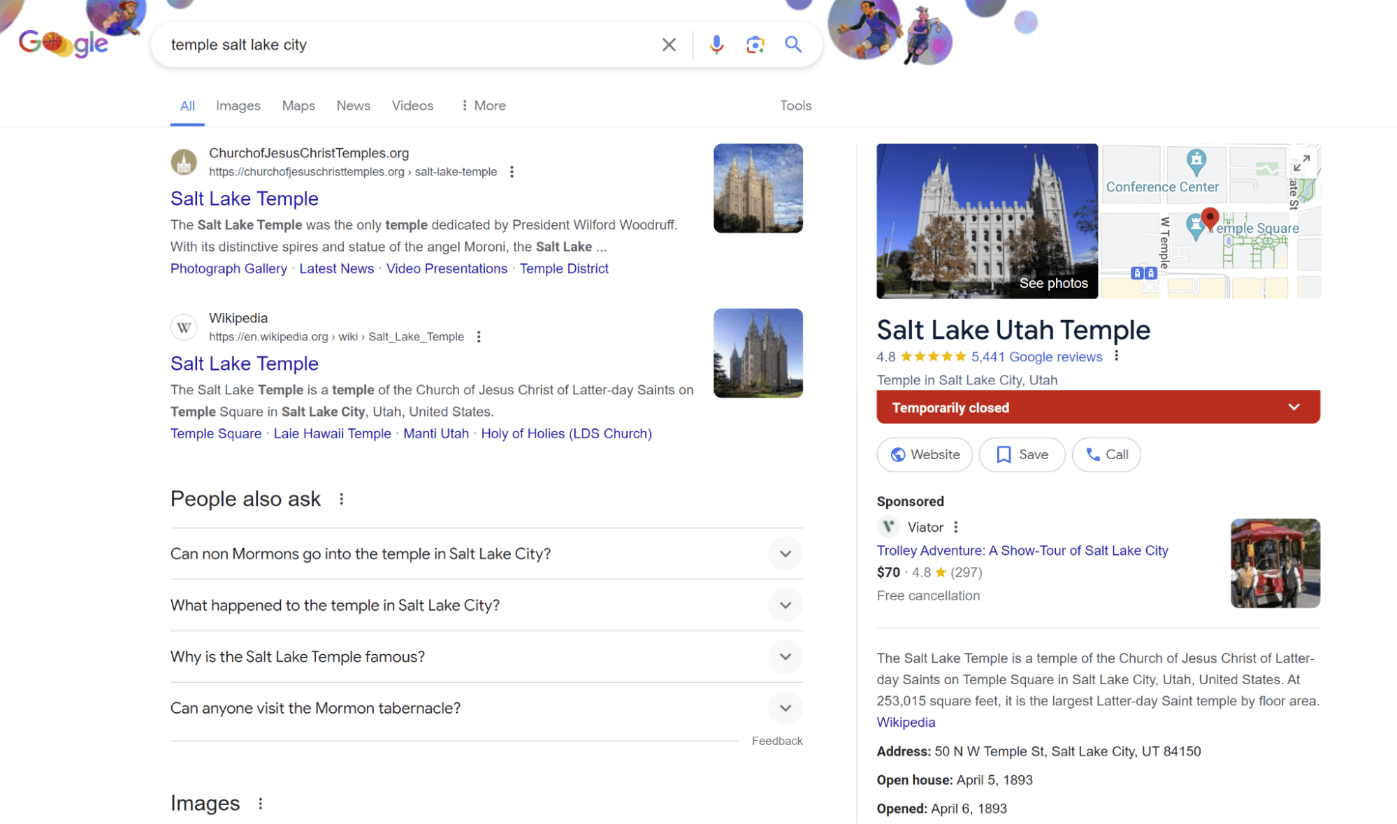 A Google search for the keyword 'temple salt lake city' in which a Google Business Profile appears.