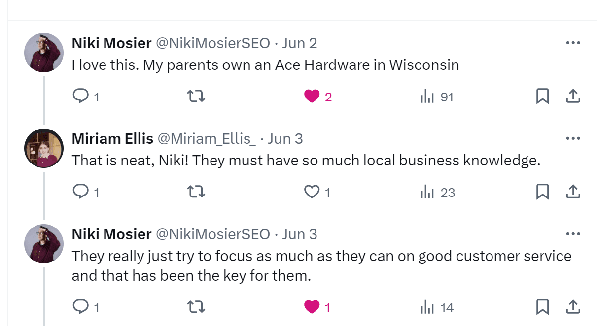 A Twitter thread by Niki Mosier about her parents owning an Ace Hardware store: "They really just try to focus as much as they can on good customer service and that has been the key for them."