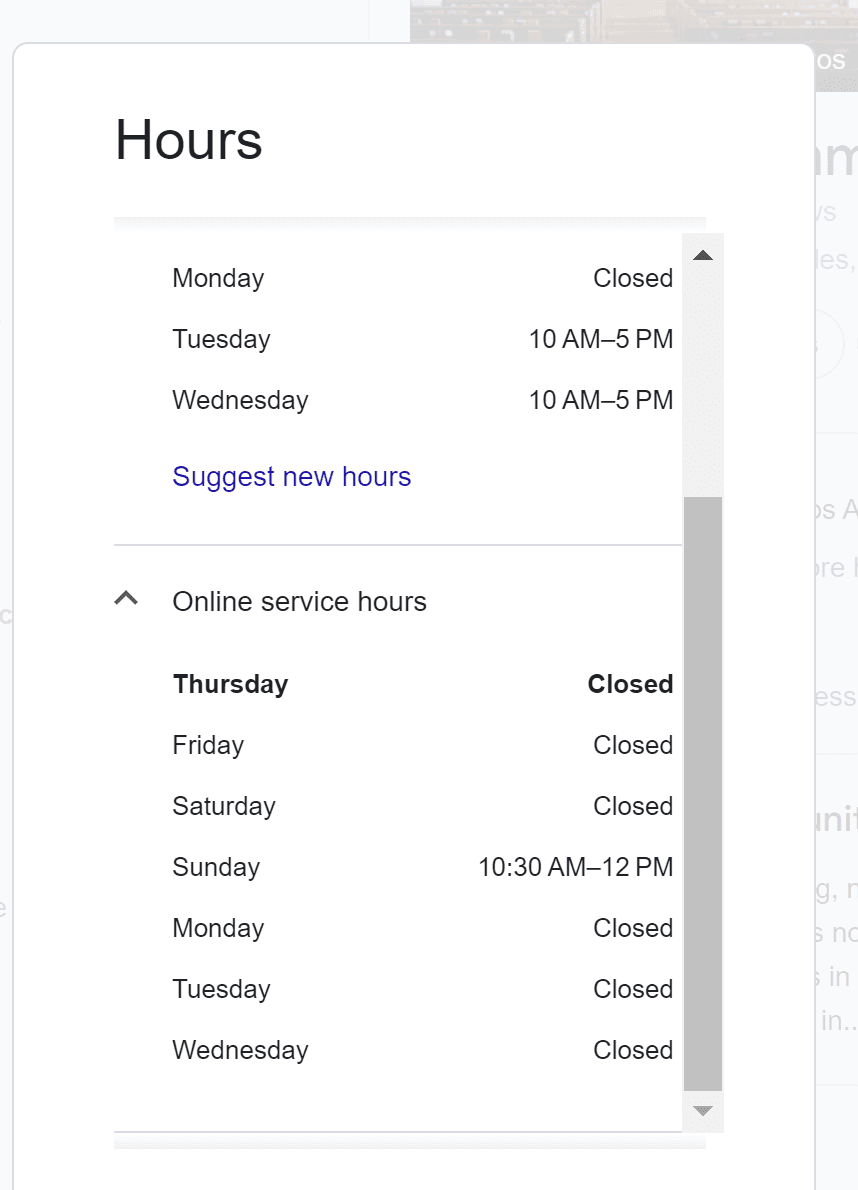 A place of worship using the “More Hours” function of the New Merchant Experience (NMX) editing interface to list when its live online service is broadcast