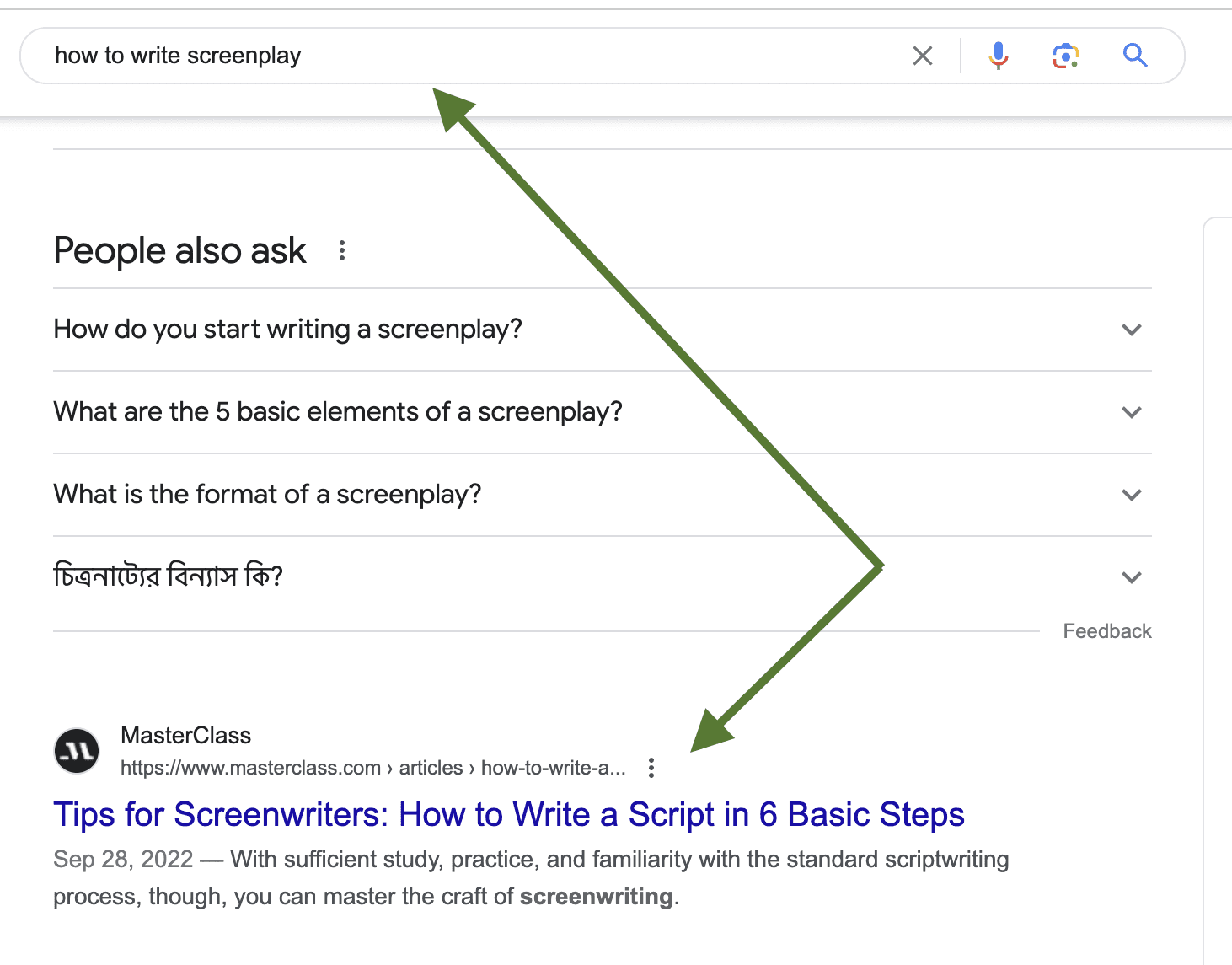 A screenshot of Google search result where Masterclass secures the top position.