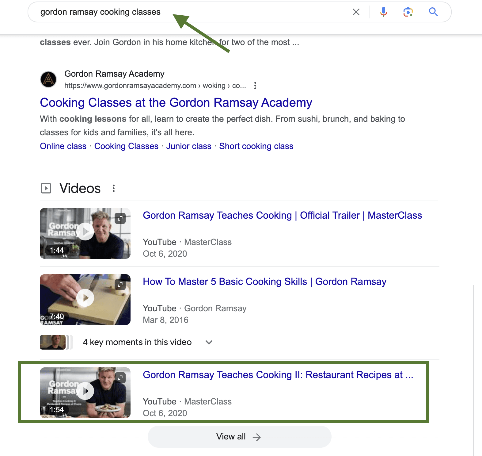 A screenshot of Google search result where Masterclass secures top position.