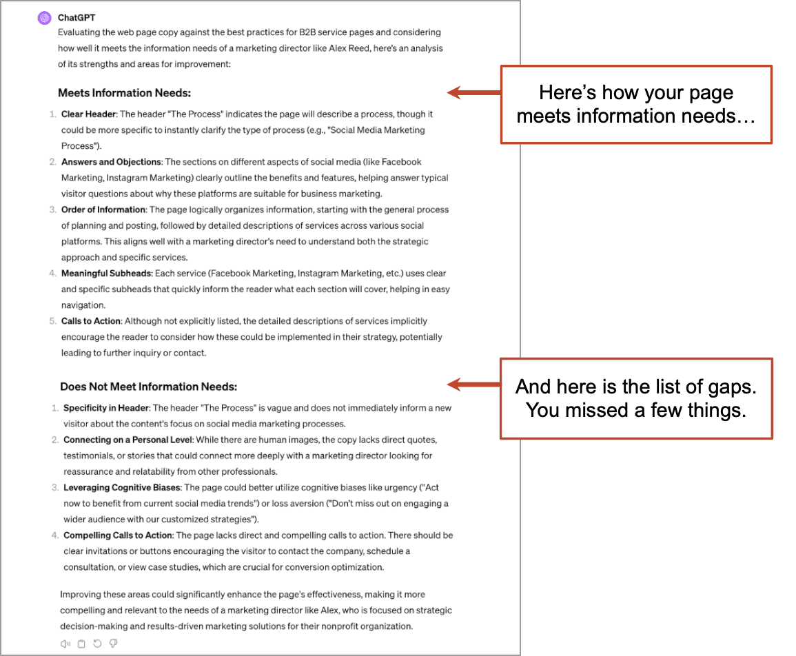 A screenshot of a ChatGPT response listing the ways in which your content satisfies your persona's information needs, ending with a list of the persona's information needs that were left unmet.