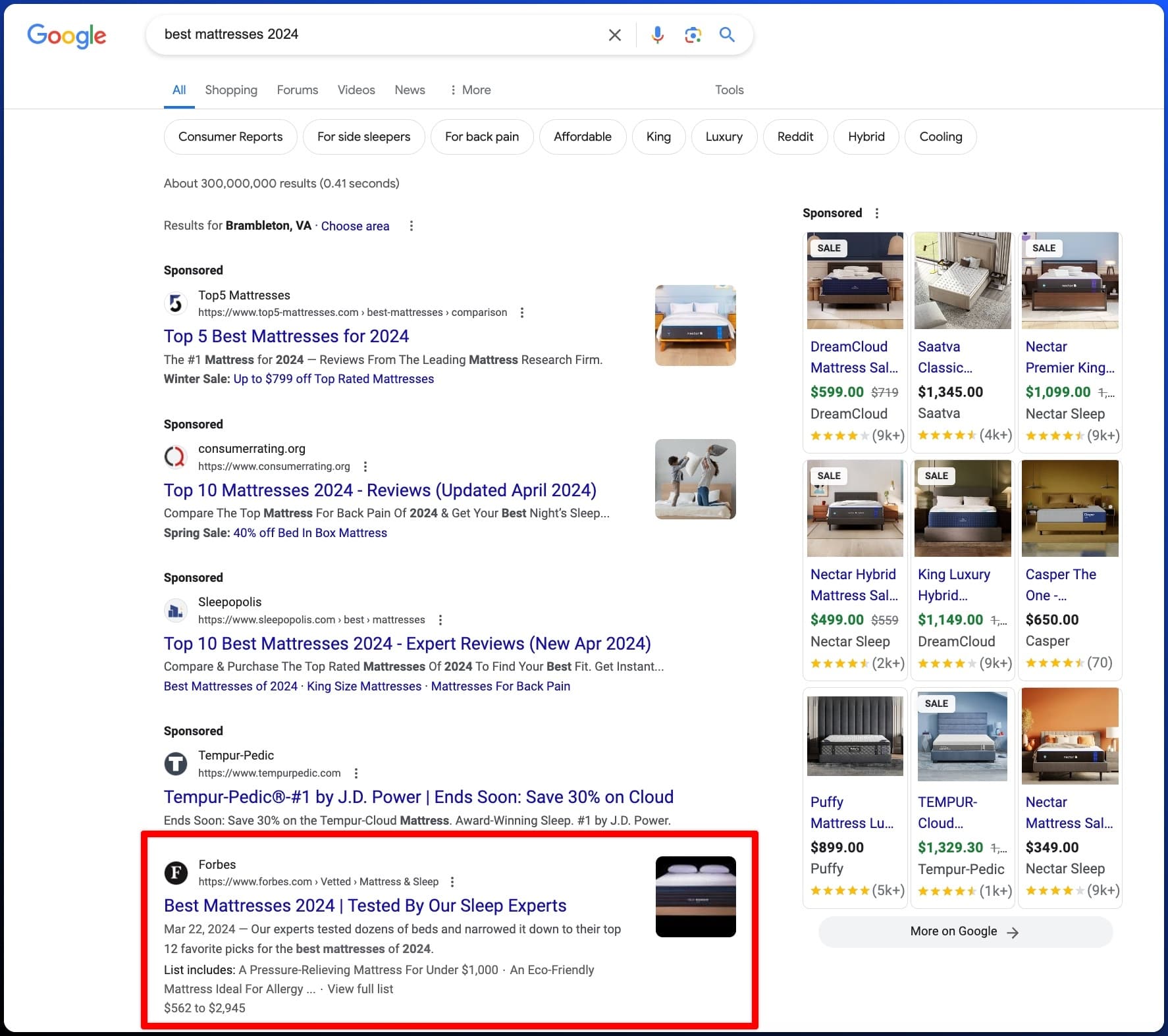 A screenshot of a Google Search result for the query 'best mattresses 2024' that highlights the listing for a Forbes article.