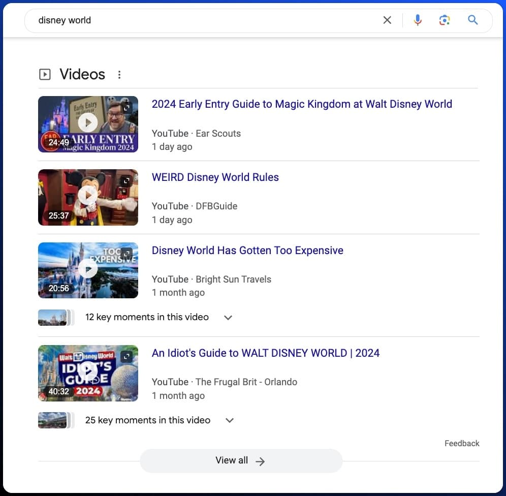 A screenshot of a Google search result for disney world that highlights a video pack.