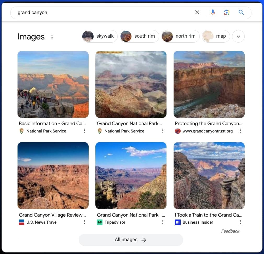 A screenshot of a Google search result for the query 'Grand Canyon' that shows an image pack.