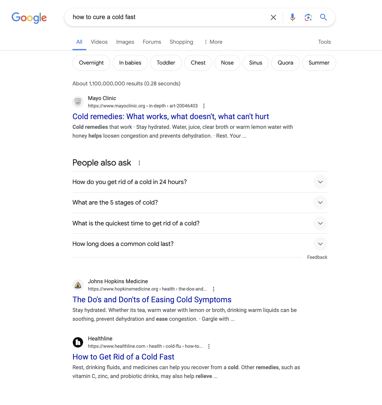 A screenshot of a Google search result for the query 'how to cure a cold fast'