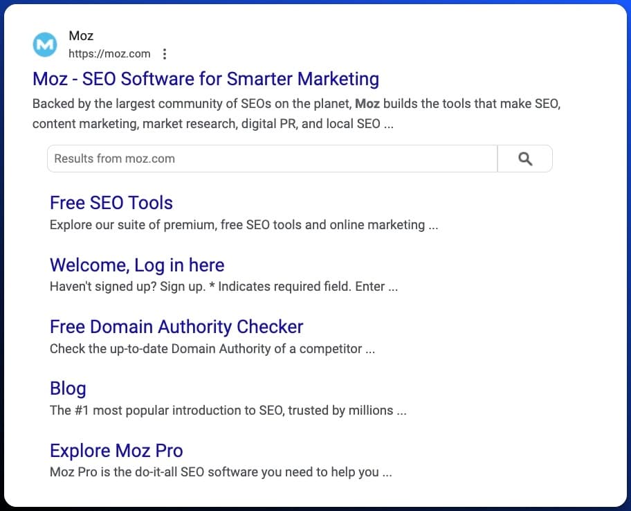 A screenshot of a Google search result that includes sitelinks to a moz listing.