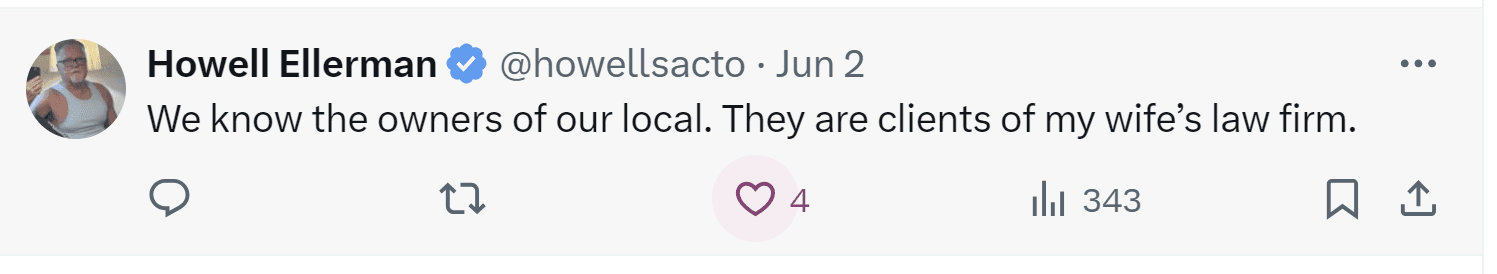 A tweet by Howell Ellerman: "We know the owners of our local. They are clients of my wife's law firm."
