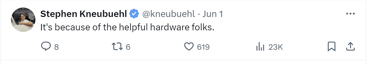 A tweet by Stephen Kneubuehl: "It's because of the helpful hardware folks."
