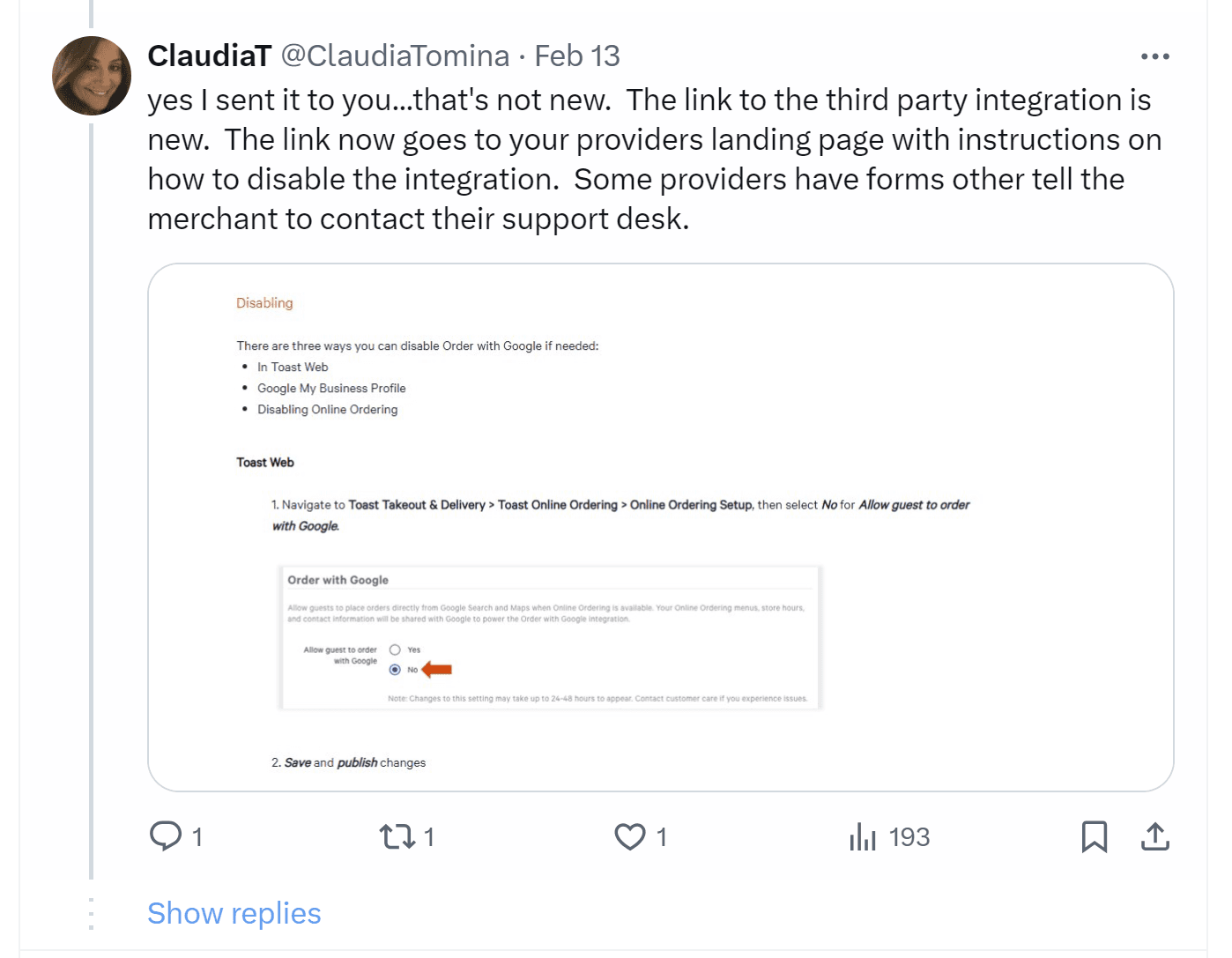 A tweet clarifies that removal of these third party ordering companies existed before, but that the link requirement is new, as described in the text of this piece.