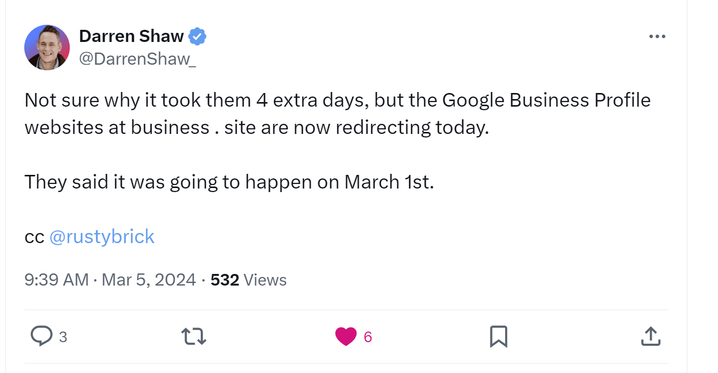 A tweet confirms that Google Business Profile sites no longer exist and are now redirecting temporarily to listings.