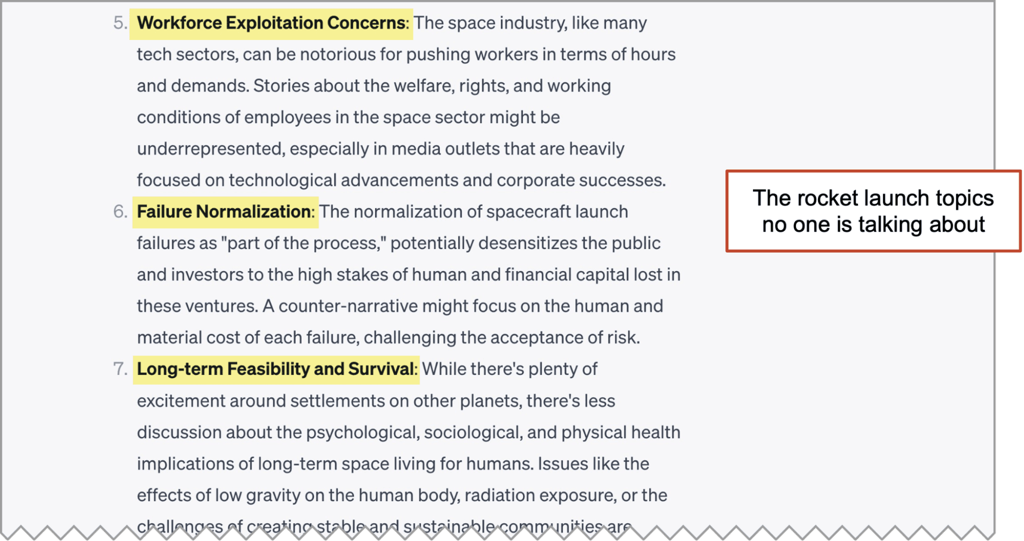 AI answers the question for a spaceport company: "What satellite launch topics are missing from the big blogs?'