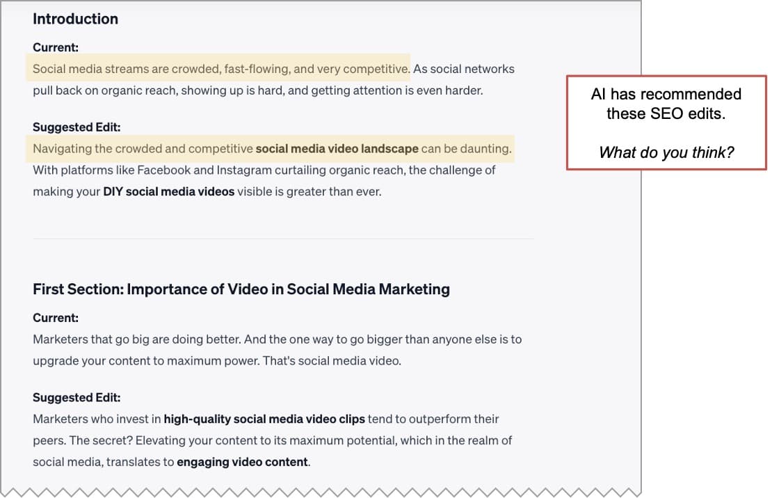 AI recommended SEO edits for a blog post about making social media videos.