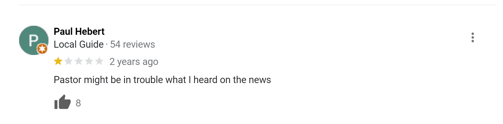 An example of a negative review with a 1-star rating attached to a place of worships' GBP that you would not want to respond to
