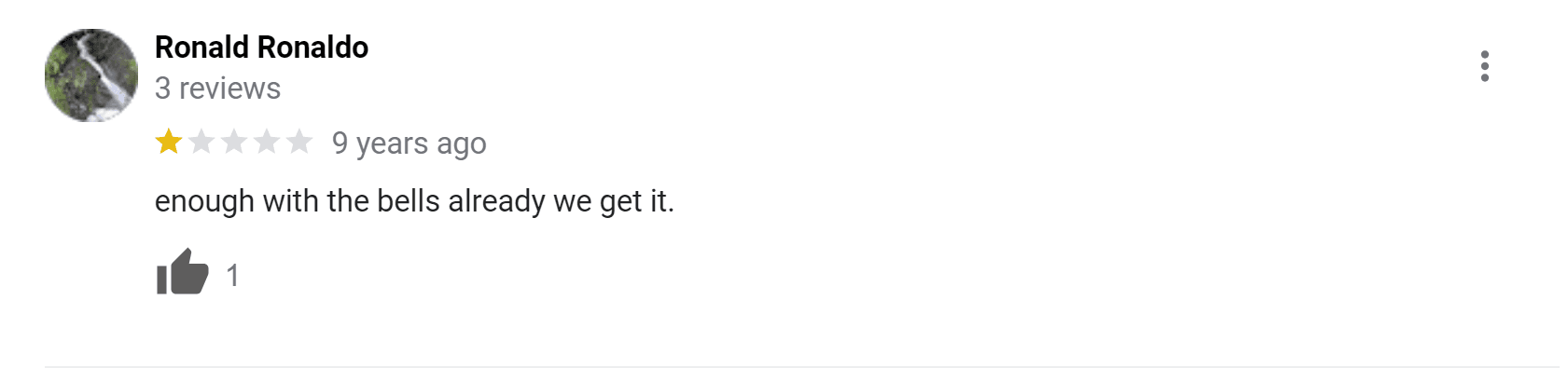 An example of a negative review with a 1-star rating attached to a place of worships' GBP